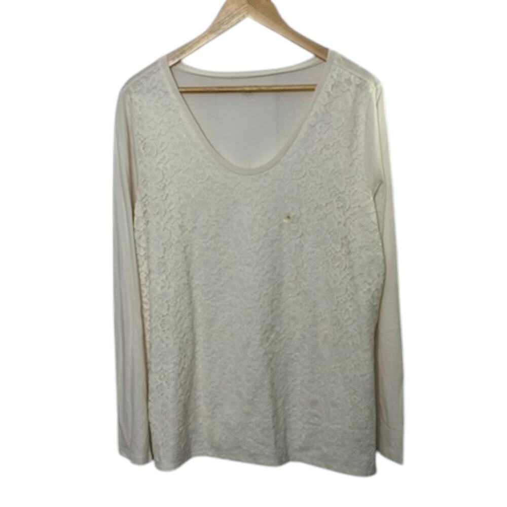 Ann Taylor Loft Ivory Long Sleeve Lace Front Scoop Neck Top Women's XL New
